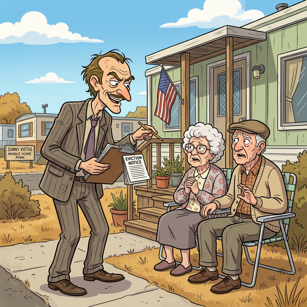 A man handing an eviction notice to an elderly couple sitting outside their mobile home