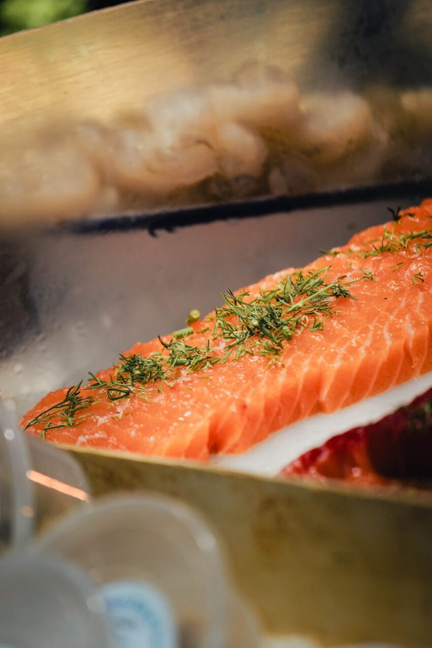 fresh salmon fillet with dill at london market